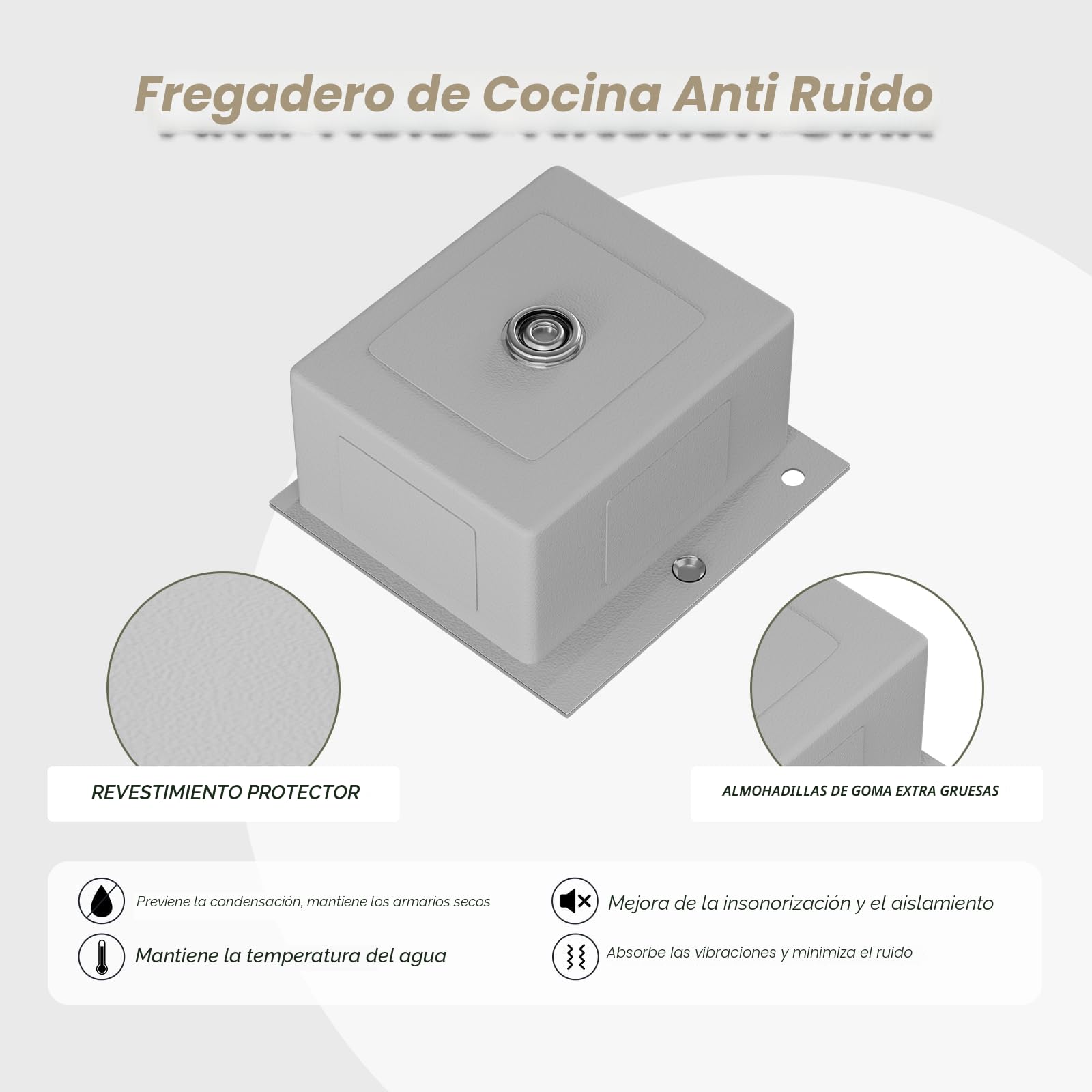 38x38 cm Fregadero de acero inoxidable, fregadero de cocina, fregadero de apoyo con 1 lavabo con juego de sifón en color acero inoxidable