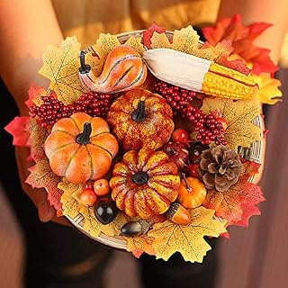 HAKACC 49 PCS Artificial Pumpkins Sets, 19PCS Harvest Fruits with 30 Artificial Maple Leaves Fake Pumpkins Gourds Pine Cones Acorns for Home Christmas Decoration