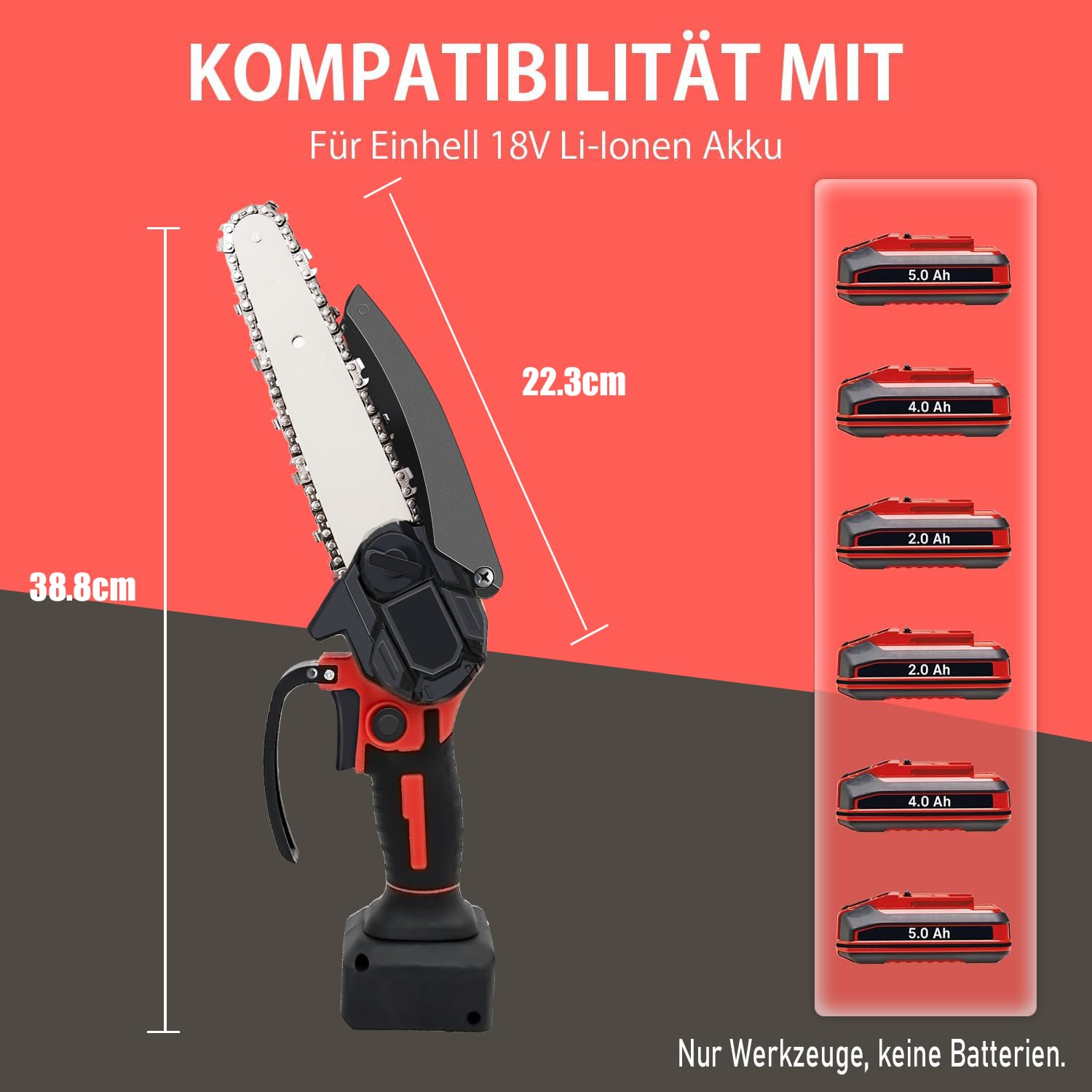 Mini piła łańcuchowa do gałęzi, 15 cm, do akumulatora Einhell 18 V, elektryczna piła łańcuchowa, ręczna piła łańcuchowa do prac ogrodowych, cięcia drewna i przycinania (bez akumulatora)