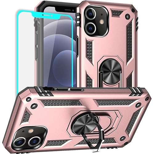 Yiakeng for iPhone 12 Case, iPhone 12 Pro Case with Screen Protector, Military Grade Protective Cases with Ring for iPhone 12/12 Pro（Rose gold）