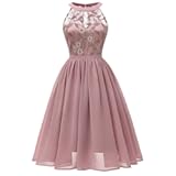 Women Vintage Halter Neck Floral Lace Hi-Lo Backless Bridesmaid Dress A-Line Short Prom Retro Cocktail Formal Swing Dress