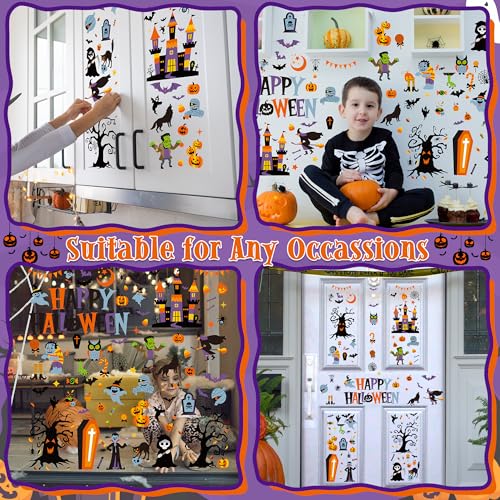 Image of 116PCS Halloween Window Clings, 9 Sheets Halloween Decorations, Cute Witch Tree Zombie Ghost Patterns PVC Window Stickers for Treat or Trick Party Favors Decal Supplies Decor Accessories