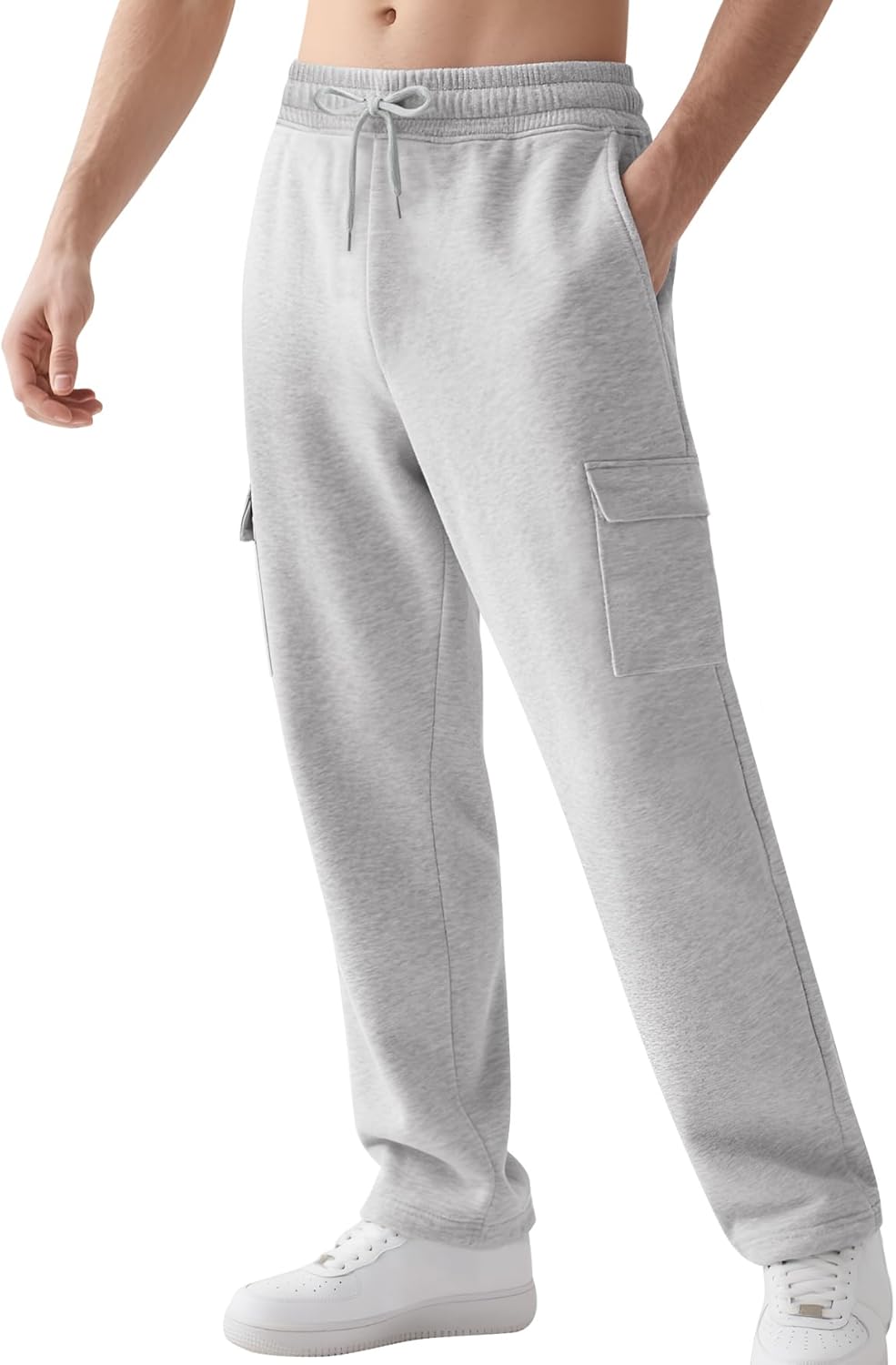 Cargo Sweatpants for Men Athletic Baggy Fleece Pants Open Bottom Wide Leg Drawstring Joggers with Pockets(LightGrey-L)