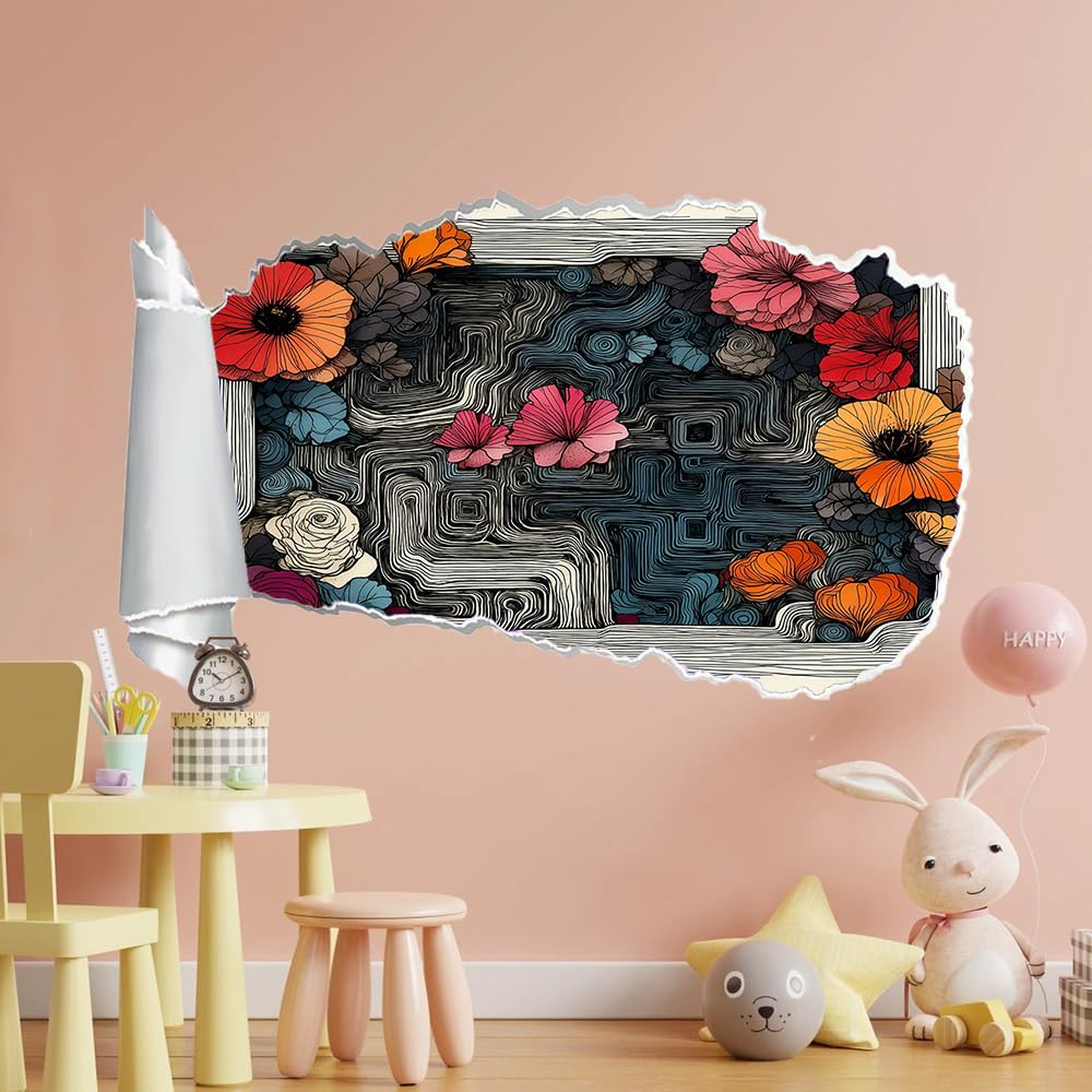 Sticker Mural 3D Décor De Chambre Décalcomanie De Chambre À Coucher Fleurs Printanières Tatouage Mural Lignes Abstraites Autocollant De Décor Pour La Décoration Peintures Murales