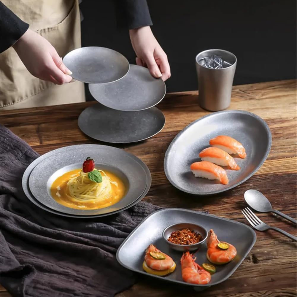 Stainless Steel Dish, 10.24"x0.51" Reusable Metal Dinner Dish for Home Kitchen Outdoor Picnic, Silver