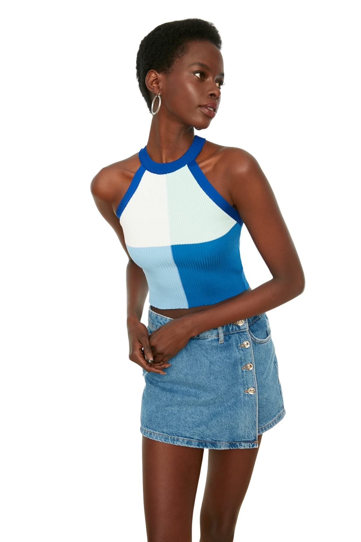 Trendyol Damen Blau Schlanke, Figurbetonte -Strickbluse, L