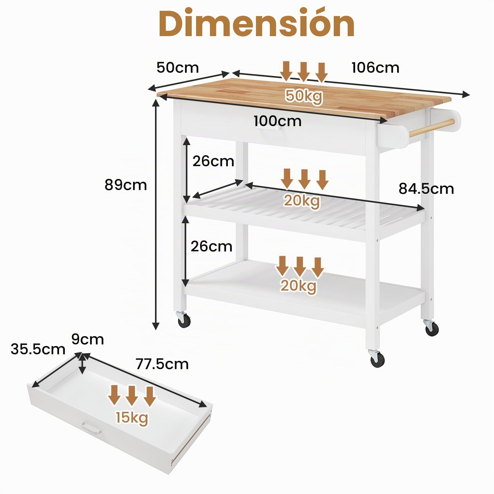 KOMFOTTEU Carro de Cocina con 4 Ruedas, Carrito de Servicio con Encimera, Cajón, 2 Estantes Abiertos, Isla de Cocina con Toallero Lateral, Carrito de Auxiliar para Comedor, 106 x 50 x 89 cm