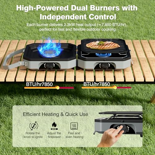 Camping Stove Portable Propane Camp Stove with Independently Adjustable Heat & 2 Burners, Foldable Gas Stove with Carry  - Additional View