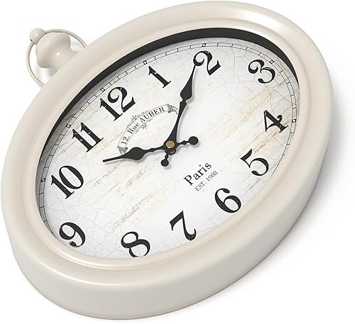 Miniatura 8 de Ddysins Reloj de pared ovalado retro, estilo antiguo vintage, blanco, funciona con pilas, para granja, cocina, dormitorio, baño (10.5 pulgadas de