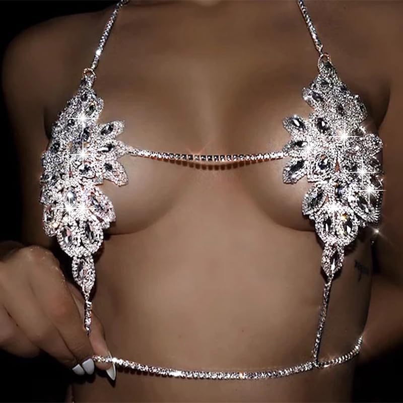 Graeen Crystal Bra Chains Rhinestone Bra Top Flower Chest Chain Silver Body Chain Nightclub Body Jewelry for Women (A) - Image 4