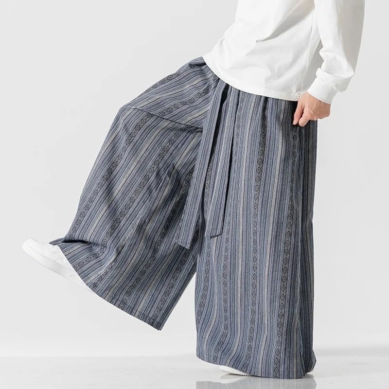 Spring Autumn Men Pants Japanese Striped Wide Leg Pants Retro Ethnic Style Cotton Linen Straight Trousers2