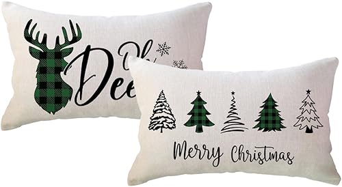 ULOVE LOVE YOURSELF Paquete de 2 fundas de almohada de Feliz Navidad, árboles de NavidadOh Deer Farmhouse Buffalo Check, fundas de cojín lumbares de