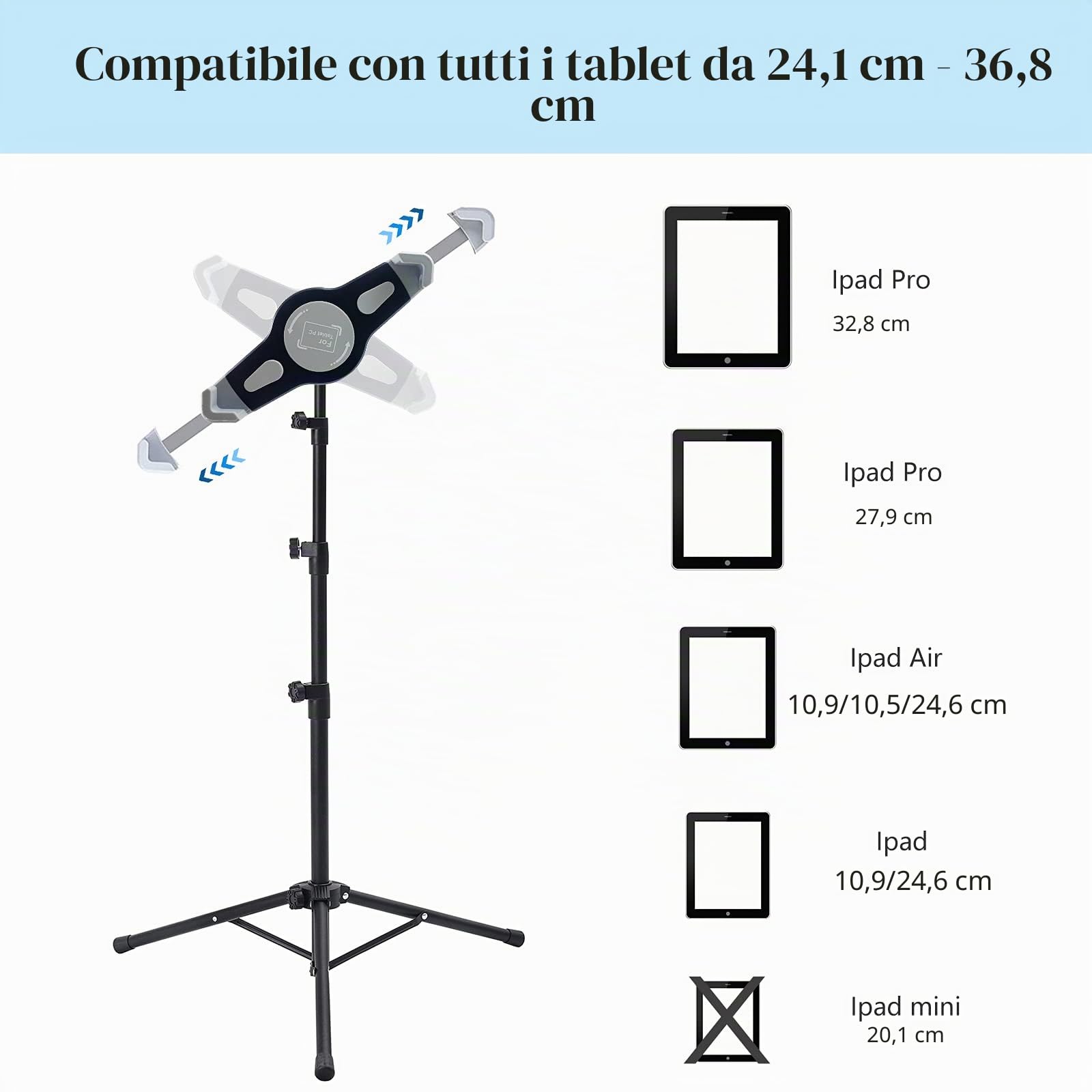 Supporto per treppiede per Tablet regolabile in altezza per iPad Air 2/3/4 iPad 9.7 iPad Pro 10.5 iPad Pro 12.9 tablet 9.7-14.5 pollici