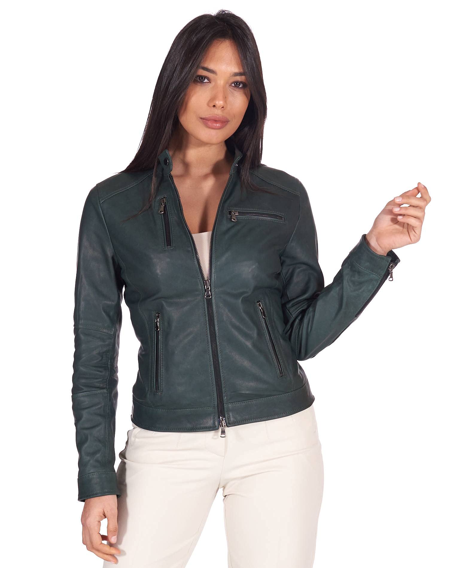 D'Arienzo Giacca Pelle Naturale Verde Donna Biker Vera Pelle Made in Italy Giulia XS/​Verde