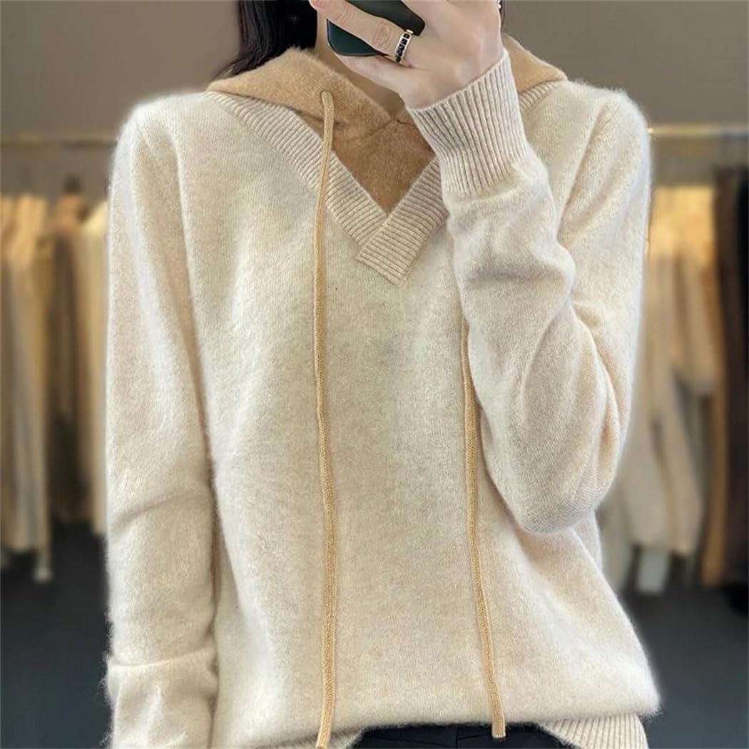 Women's Fall Winter Hooded Sweater Casual Loose Long Sleeve Drawstring Pullover 100% Wool Soft Knitted Coat