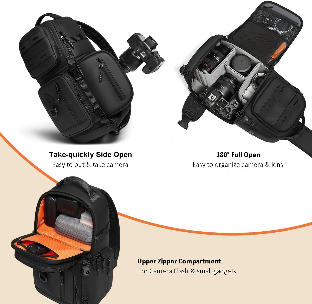 Camera Sling Modular Bag Tactical Photography Backpack with Quick Side Access DSLR SLR Mirrorless Small Camera Lens Crossbody Organizer Case with Tripod Holder for Canon Fujifilm Sony Nikon, Black - Image 2