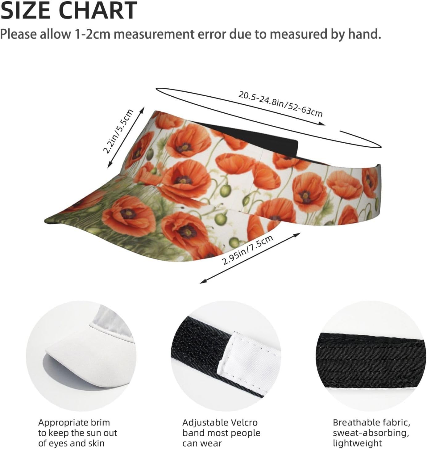 Poppy Flowers Print Sports Sun Visor Hats Adjustable Running Golf Tennis Sun Cap for Women Men Black