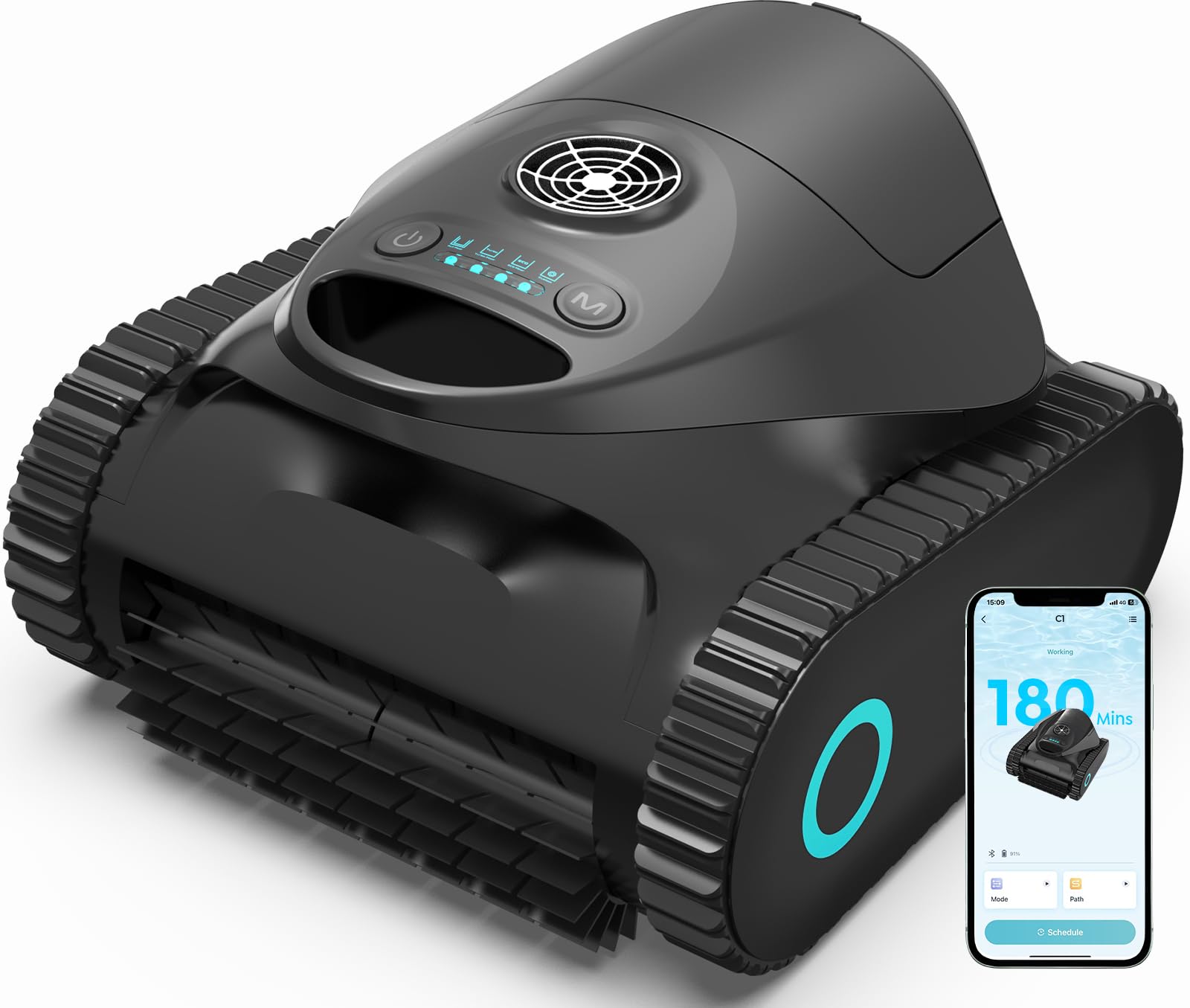 C1 Robot Piscina Pareti e Fondo,Linea d'acqua180 min,Nero e Bianco | Doppio Filtro,Aspiratore Piscina Senza Fili, 7 Modalità di Pulizia,Pulitore con App, Robot Pulisci Piscine fino a 150 m²