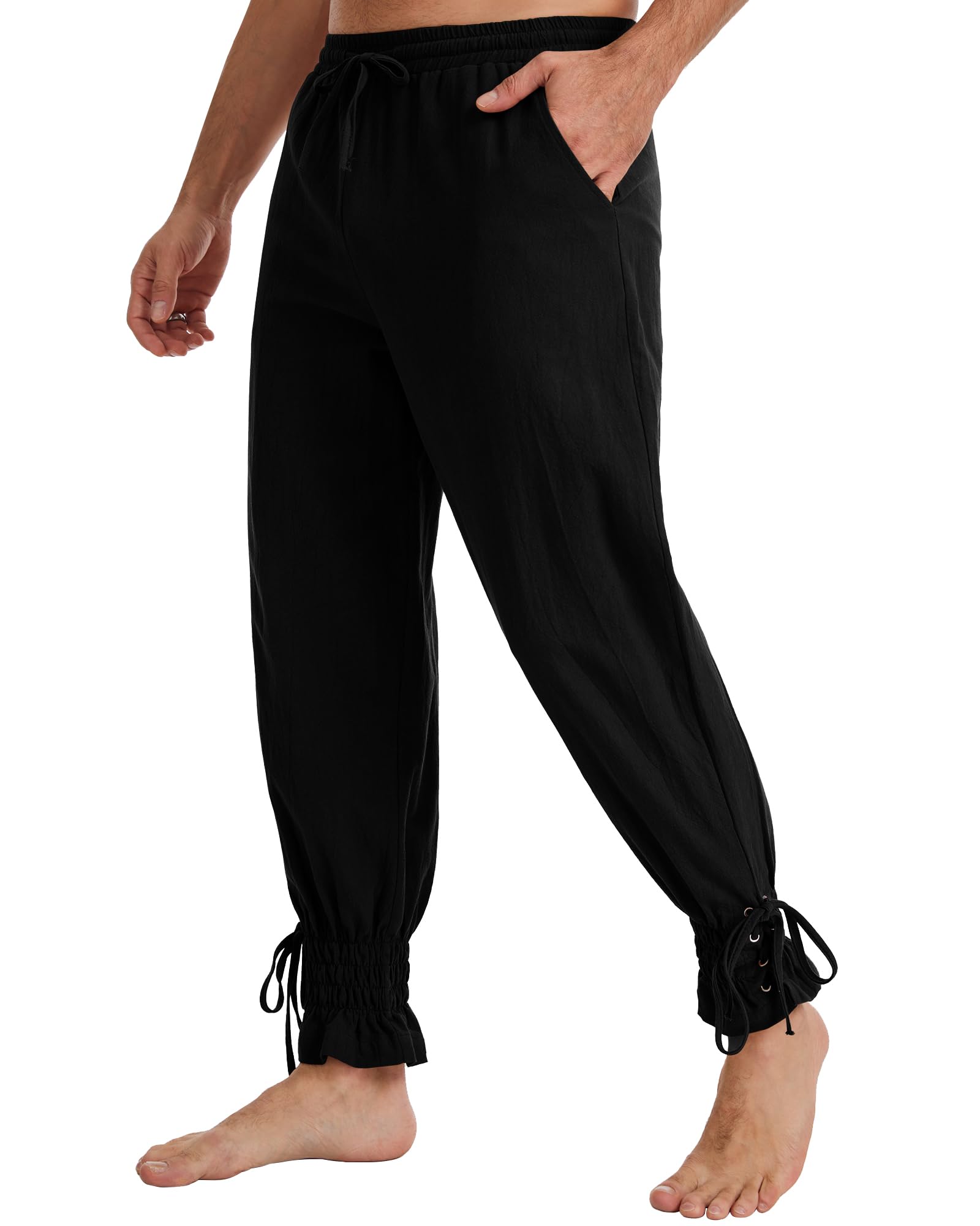 YAOHUOLE Mens Medieval Trousers Pirate Pants Renaissance Costume Elastic Waist Drawstring with Pockets for Halloween Cosplay Black M