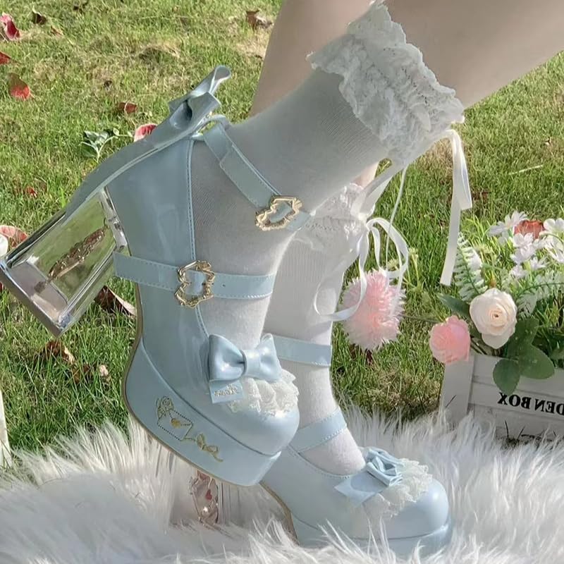 ZQW Clear Heel Mary Jane Pumps for Women Chunky Platform Round Toe Bow Buckle Ankle Strap High Block Heel Lolita Cosplay Kawaii Shoes Party Dressy4