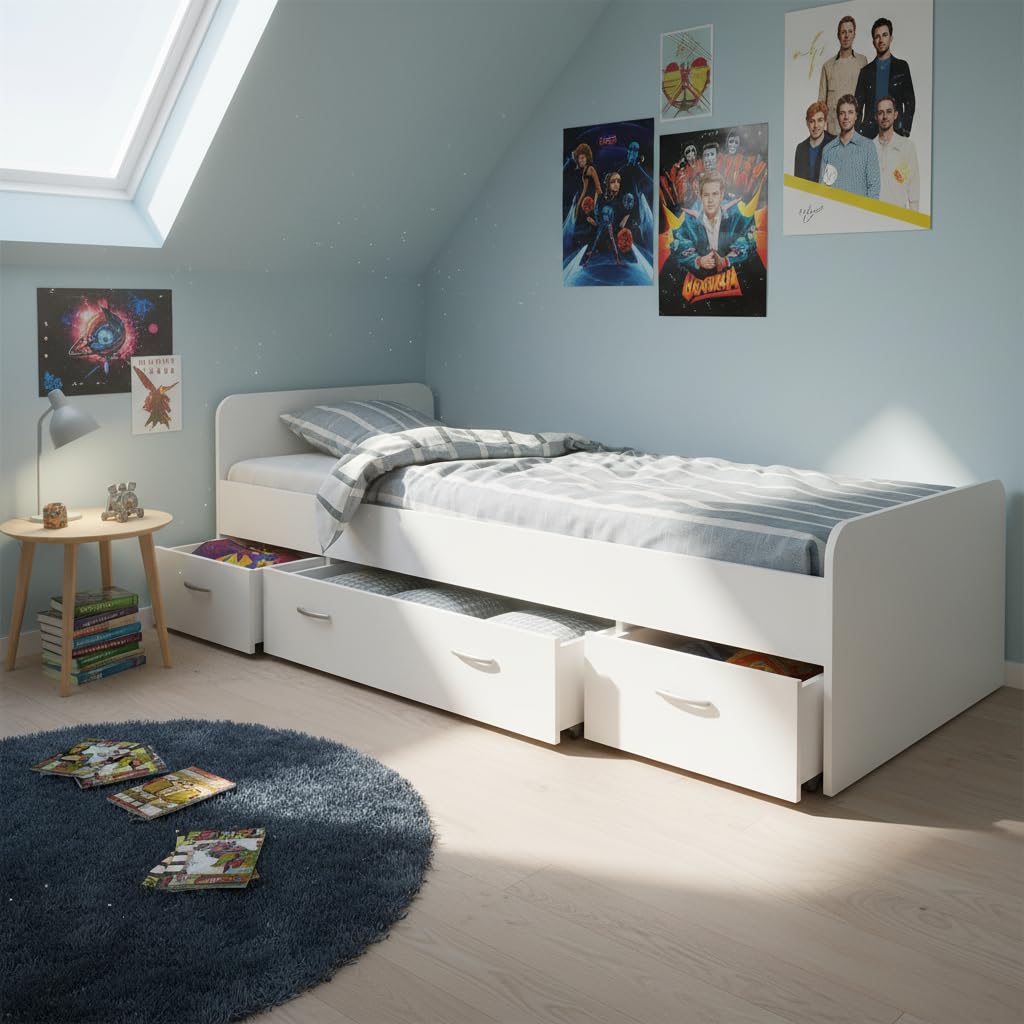 Boro Modernes Einzelbett mit 3X Schubkästen 90 x 200 cm - Praktisches Jugendzimmer Kojenbett in Weiß - 95 x 66 x 204 cm (B/H/T)
