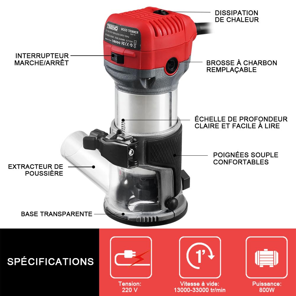 TEENO à Bois Défonceuse Affleureuse électrique 800W, Affleureuse à Bois Défonceuse 13000-33000RPM,15 Fraises à Défoncer Queue de 1/4",6 Vitesses Variables,3 Pinces de 6/6.35/8mm,Boite en Plastique