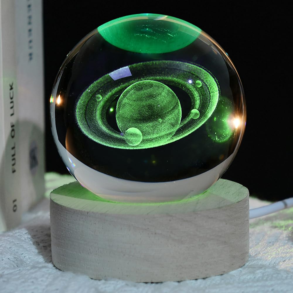 3D Saturn Crystal Ball Saturn Model with LED Light Base 60mm Luminous Decorative Ball Science Astronomy Space Gifts