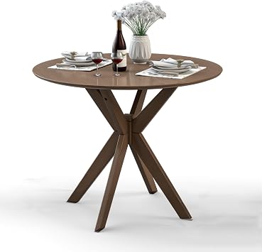 Round Dining Table, Mid Century Modern Kitchen Table for 2-4 Person, 36-inch Circle Tabletop & Trestle Pedestal Base, Leisure Coffee Table for Home Office, Living Room Brown