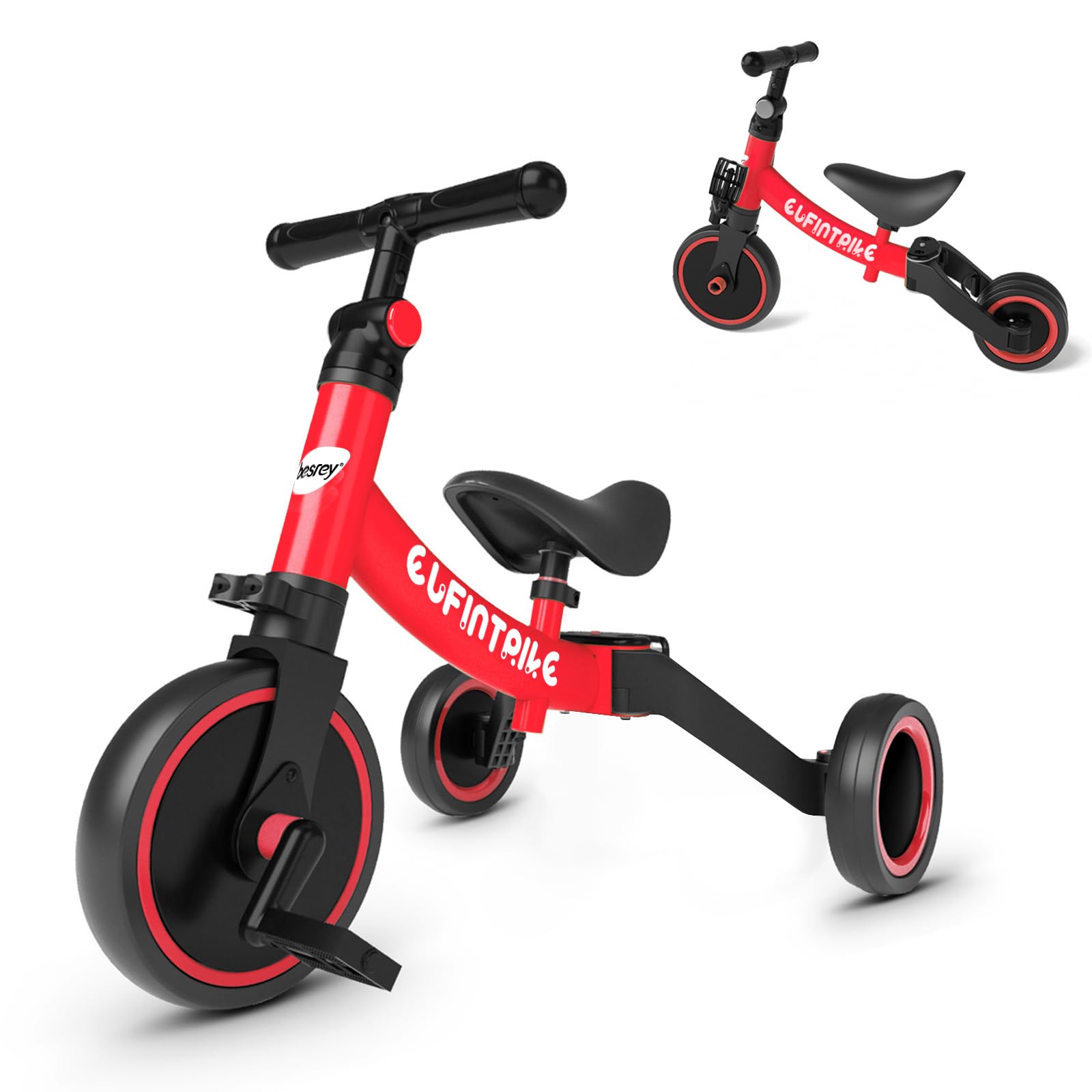 besrey Triciclo Evolutivo 5in 1, Bici Senza Pedali, Bambini 1-5 Anni, Rosso | Telaio curvo in acciaio al carbonio; sellino regolabile; pedali removibili; ruote piene; uso interno ed esterno