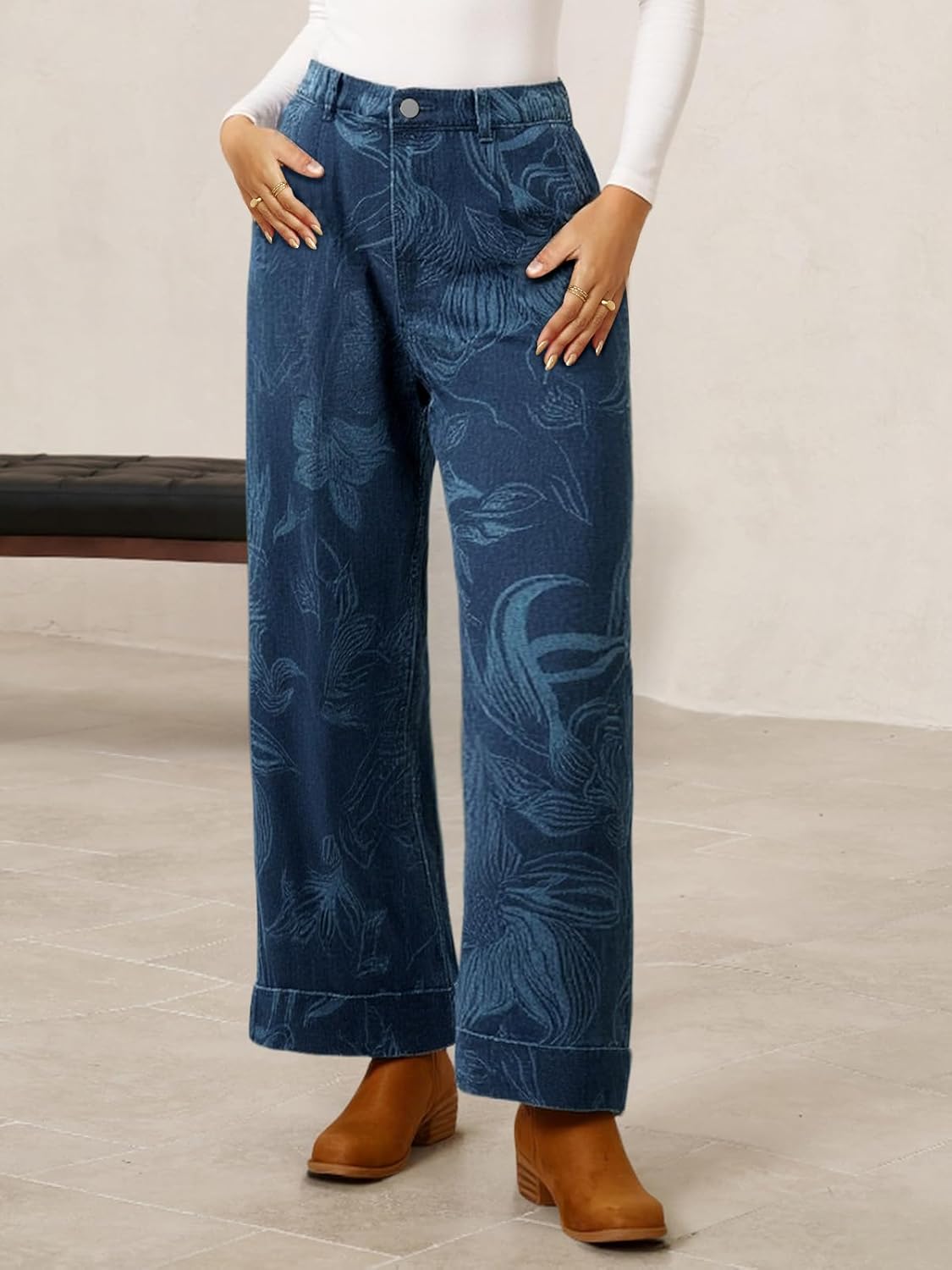 Cicy Bell Women's Floral Baggy Wide Leg Jeans Casual High Waisted Boyfriend Vintage Boho Denim Pants with Pockets - Image 3