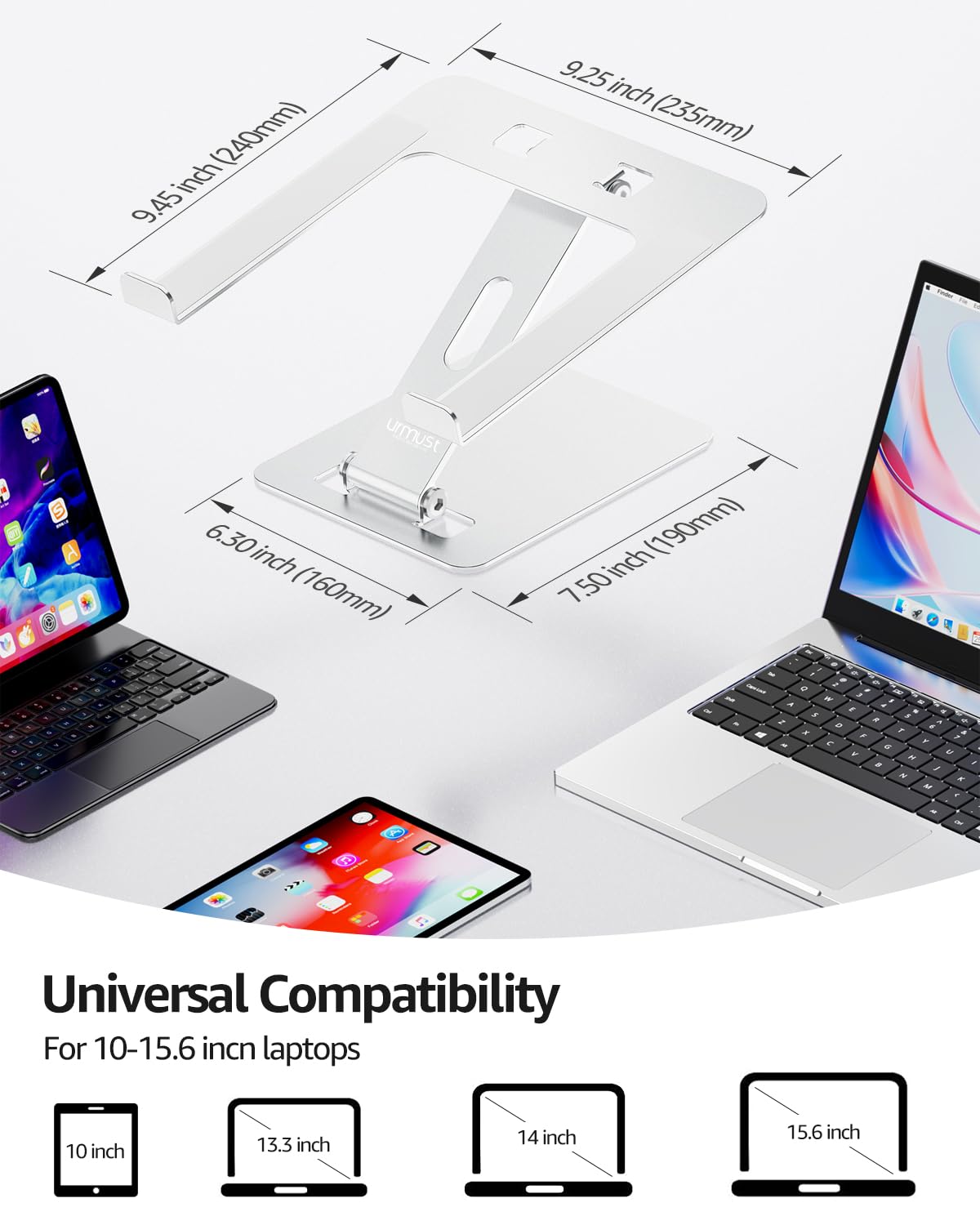 Urmust Supporto Per Laptop Regolabile Con Ventola Di Raffreddamento - Ergonomico E Pieghevole In Alluminio - Compatibile Con MacBook, HP, Notebook Fino A 16 Pollici - 3