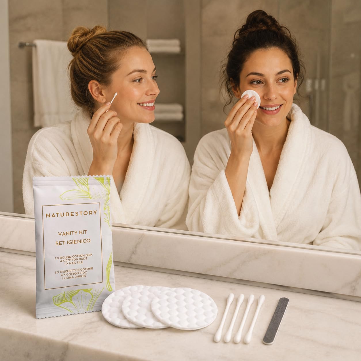 Maqa Vanity Einweg-Set für Gäste, 3 Make-up-Entferner-Pads, 4 Wattestäbchen, 1 Nagelfeile, elegante Einzelpackung für Hotel, B&B, Ferienhäuser, Spa, hygienisch und gebrauchsfertig (100)