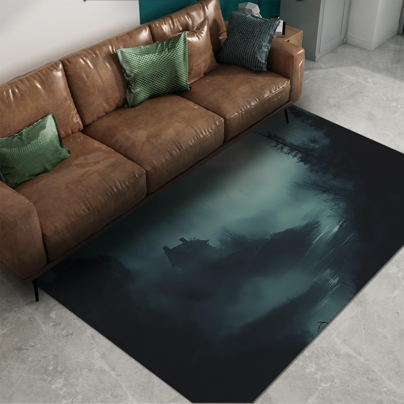 Darkish Gothic Space Rug Moonlit Sky Cabin Forest Misty Rugs Washable 200x300cm Space Rugs Non-slip Low Pile Carpet for Residing Room Bed room Indoor Flooring Decor