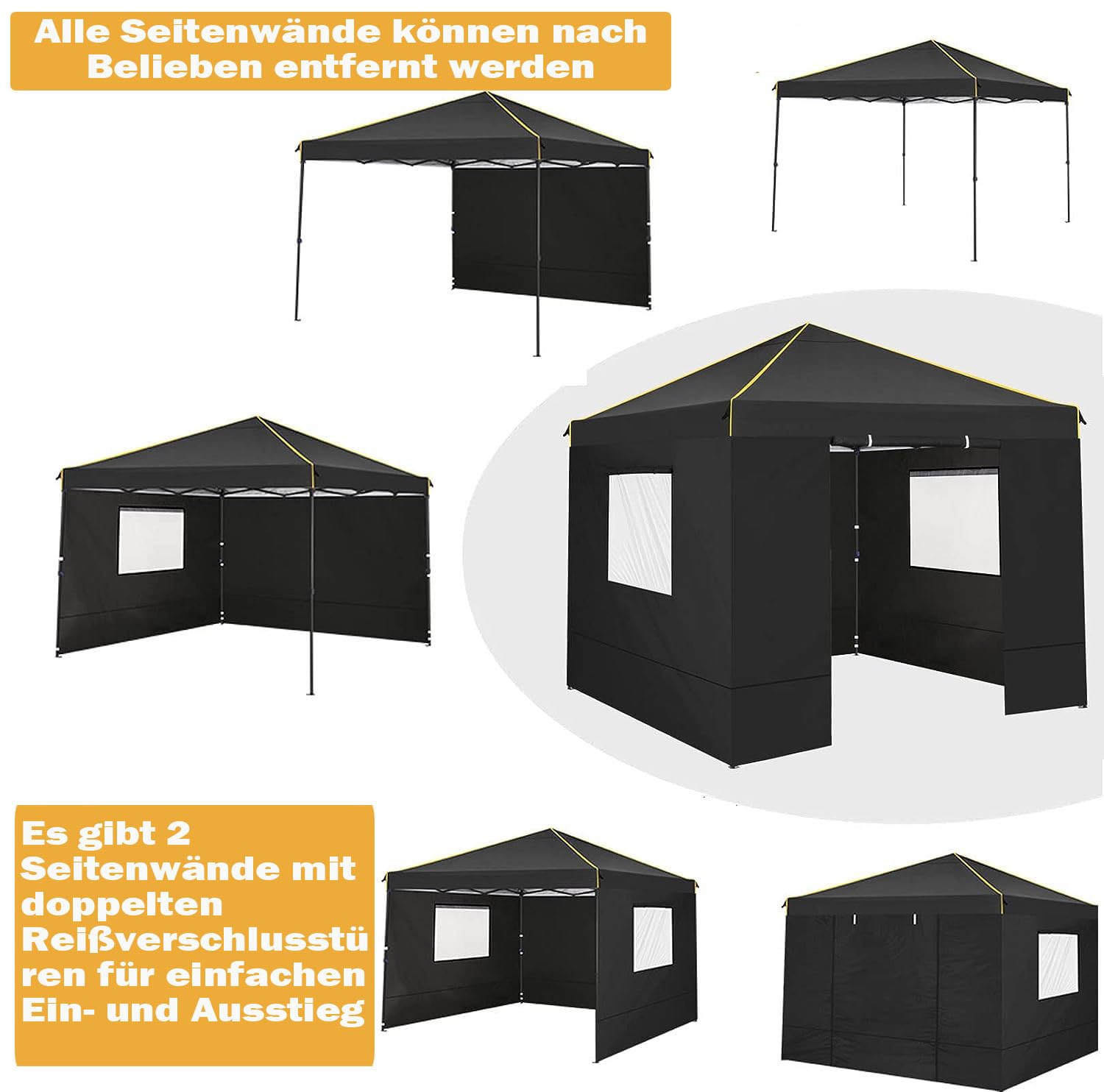 COBIZI Pavillon 3x3 Wasserdicht Stabil Faltpavillon 3x3 Profi mit 4 Seitenteilen Pop Up Pavillon Pavillon Faltbar UV-Schutz 50+ Partyzelt für Strand Hochzeit Camping（Schwarz） | Stahlrahmen (rostgeschützt), 3-fach höhenverstellbar 200-226cm, wasserdichte U