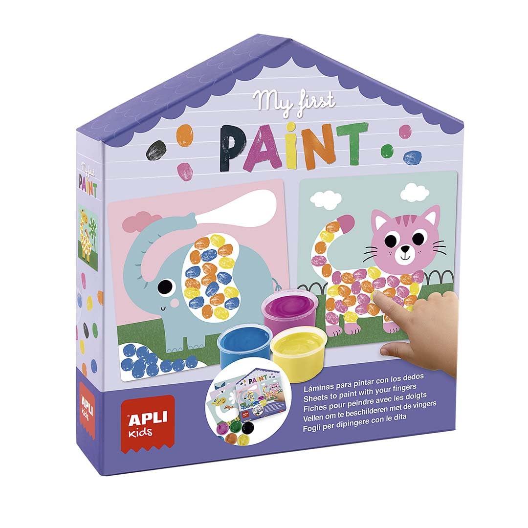 APLI Kids 19574 - My First Paint, Juego DIY de temática de animales para completar las láminas con pintura de dedos.