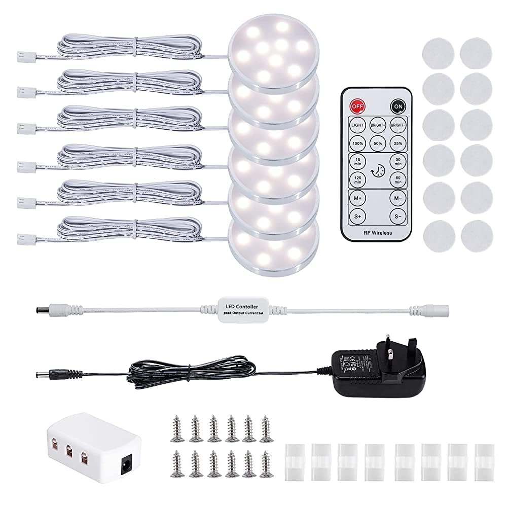 MOITA LED Dimmable Under Cabinet Lighting Kit,12V 6 Pack Wired Puck Lights with Remote Control