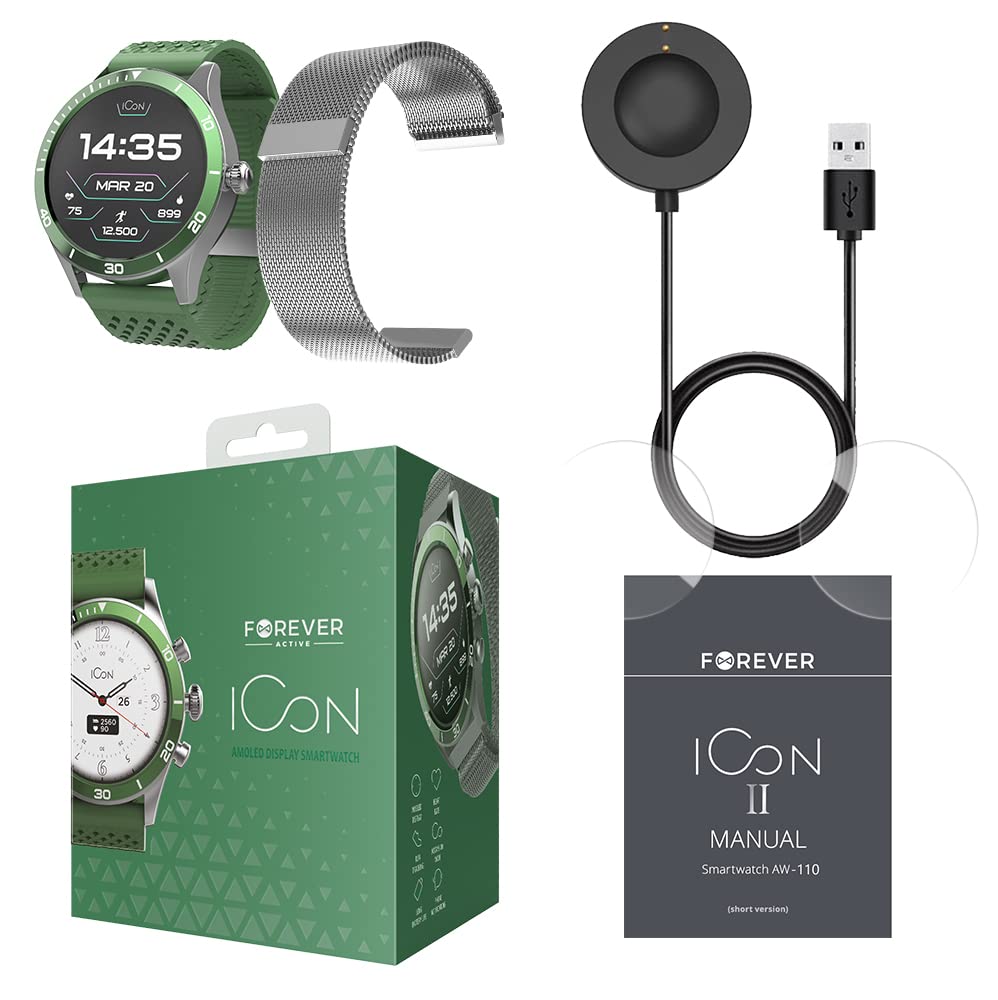 FOREVER Smartwatch AMOLED ICON II AW-110 dodatkowy pasek, wyświetlacz 1,3" 360 x 360 pikseli, IP68, Bluetooth v 5.1, czas czuwania 10 dni, akumulator litowo-jonowy 310 mAh, czas ładowania 2 godziny