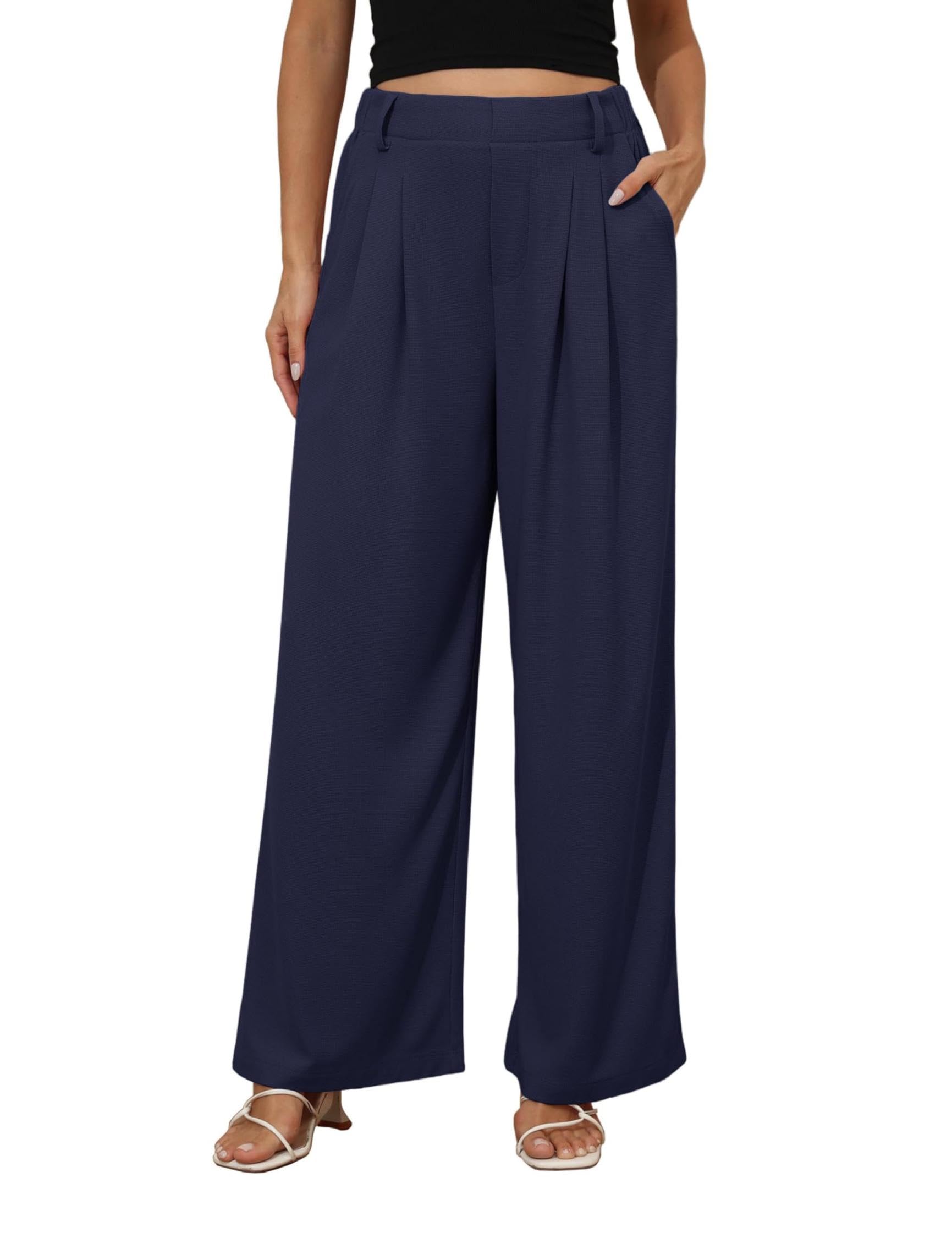 Timuspo Palazzo - Pantaloni da donna in tessuto a nido d'ape, eleganti, casual, a vita alta, con elastico, taglio ampio, per il tempo libero