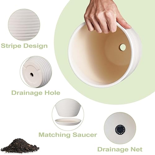 Miniatura 5 de Maceta de cerámica de 12 pulgadas, maceta grande con orificio de drenaje y platillo redondo para plantas de interior y exterior, color blanco