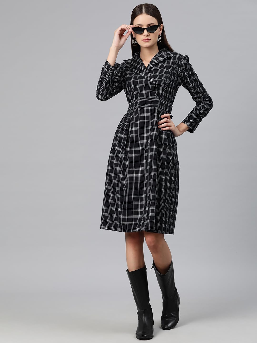 Cottinfab Women Black and White Checked Cotton Lapel Collar Blazer Pleated Knee-Length Dress Long Sleeves, Large 4