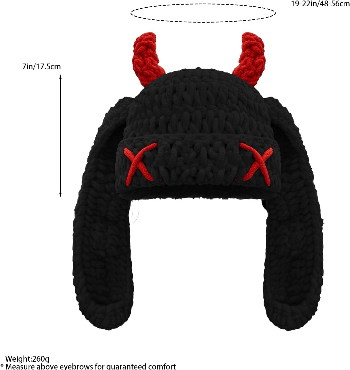 Bunny Chunky Beanie with Devil Horns Chenille Crochet Hat with Long Floppy Ears Cute Goth Rabbit Winter Skull Cap - Image 2