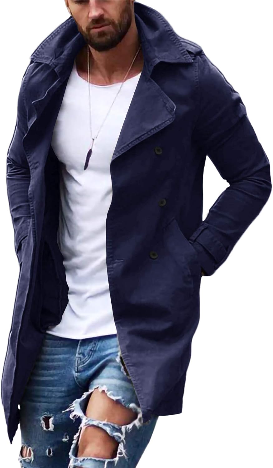 Gafeng Mens Double Breasted Trench Coat Notched Lapel Casual Slim Fit Cotton Long Windbreaker Overcoat at  Men’s Clothing store
