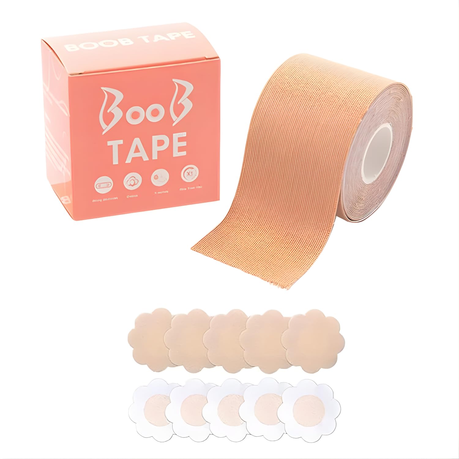 Boob Tape Kit - Instant Boob Tape with 10 Nipple Pasties- Boobytape for Breast Lift with Petals | Sweatproof | Strong Adhesive | All Bust Sizes | for Deep Necklines & Backless Outfits