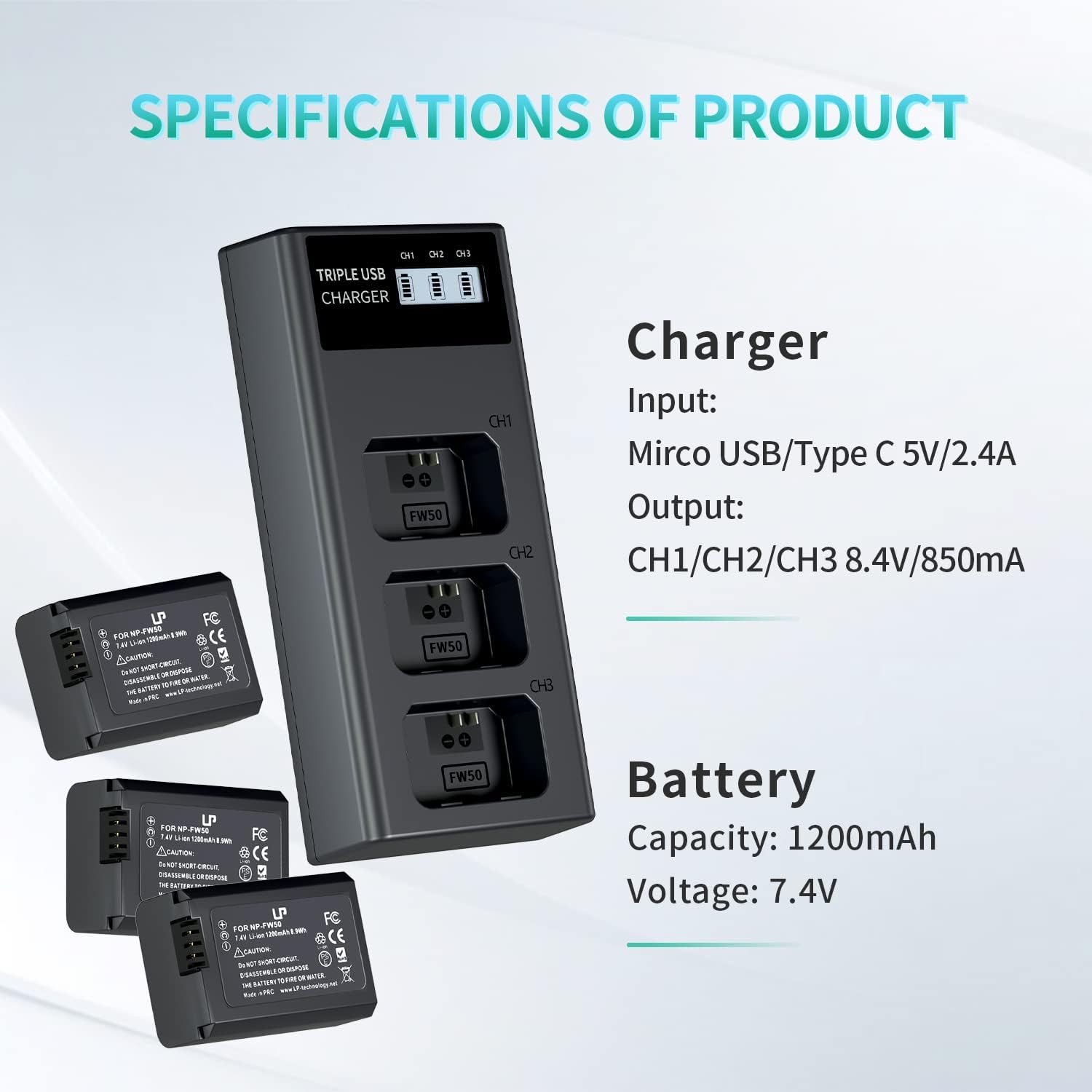 LP NP-FW50 Battery Charger Pack, 3-Pack 1200mAh Battery & Triple Slot Charger for Alpha A5000, A5100, A6000, A6100, A6300, A6400, A6500, A7, A7II, A7R, A7RII, A7S, A7SII, RX10, RX10III, RX10IV, EV-10