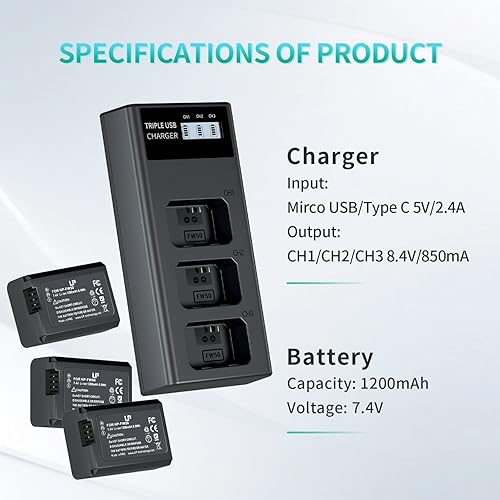 Vista 21 de Cargador de batería NP-FW50, cargador dual LCD compatible con Sony Alpha A6000, A6400, A6100, A6300, A6500, A5100, A7, A7 II, A7R, A7R II, A7R2
