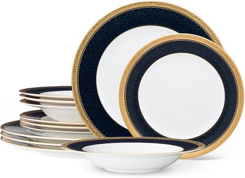 Noritake Odessa Cobalt Gold - Juego de 12 piezas, color azulblanco
