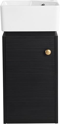 Miniatura 7 de Tocador de baño pequeño de 12 pulgadas con fregadero, juego de tocador de baño montado en la pared con parte superior cuadrada de cerámica y armario