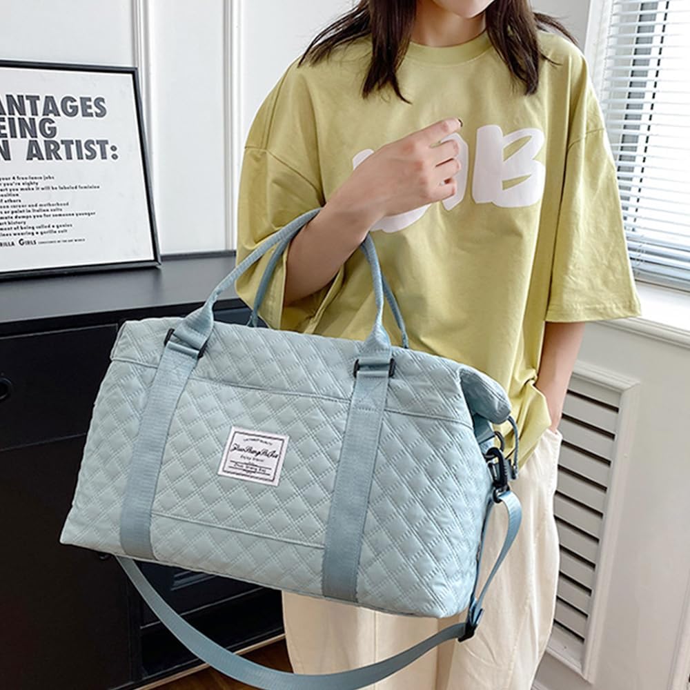 Quilted Travel Bag Overnight Gym Tote Duffel Carry On Blue Traveling Weekend Sports Bag for Women - Image 5