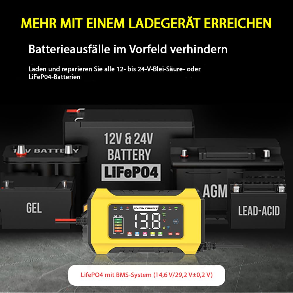 15A Autobatterie Ladegerät, 12V 24V Batterie Ladegerät 9-stufiges Intelligentes Ladegerat Autobatteri mit LCD-Bildschirm für Auto, AGM, Gel Blei-Säure-Batterien und LiFePO4-Batterien