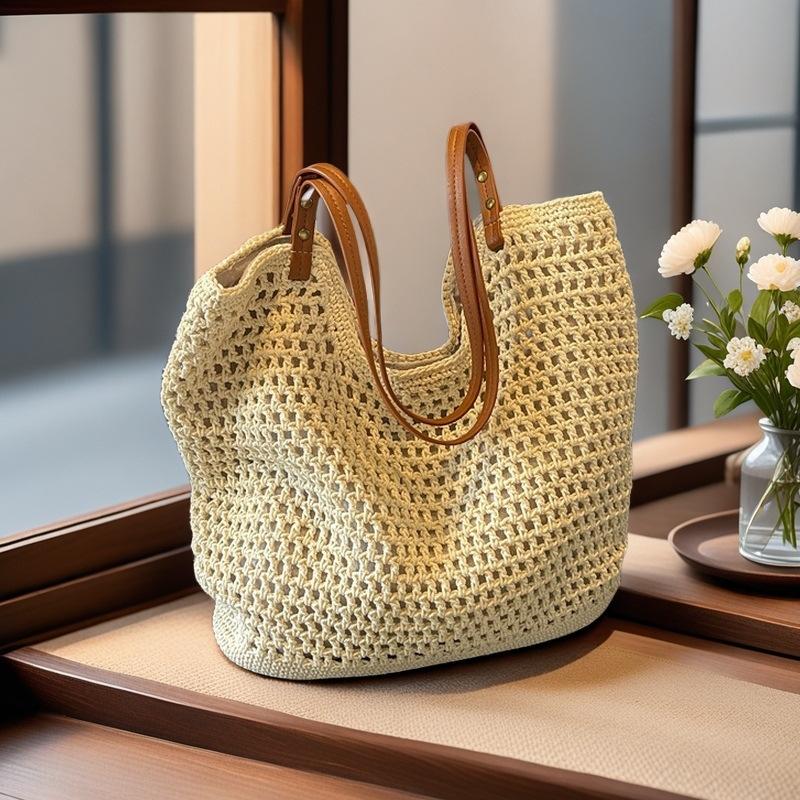 Bolso de playa tejido a ganchillo, bolso tote bohemio con forro impermeable para vacaciones de verano, bolso casual suave con correa para hombro para mujeres miniatura 7